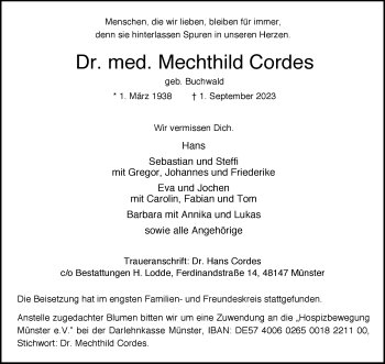 Anzeige von Dr. med. Mechthild Cordes 