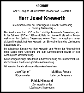 Anzeige von Josef Krewerth 