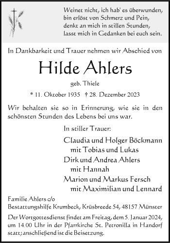 Anzeige von Hilde Ahlers 