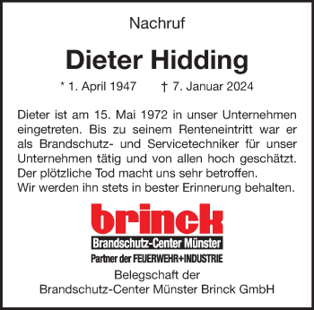 Anzeige von Dieter Hidding 