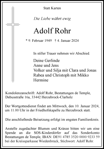 Anzeige von Adolf Rohr 