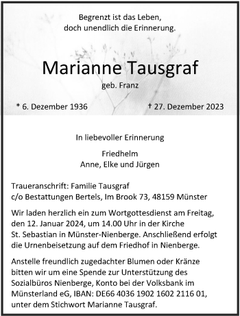 Anzeige von Marianne Tausgraf 