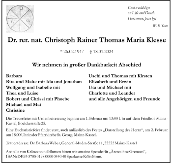 Anzeige von Dr. Rer. Nat. Christoph Rainer Thomas Maria Klesse 