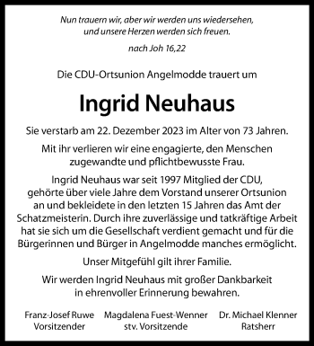 Anzeige von Ingrid Neuhaus 