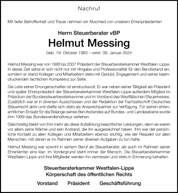 Anzeige von Helmut Messing 