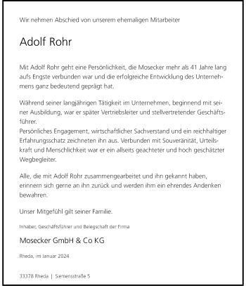 Anzeige von Adolf Rohr 