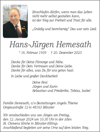 Anzeige von Hans-Jürgen Hemesath 