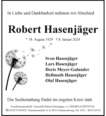 Anzeige von Robert Hasenjäger 