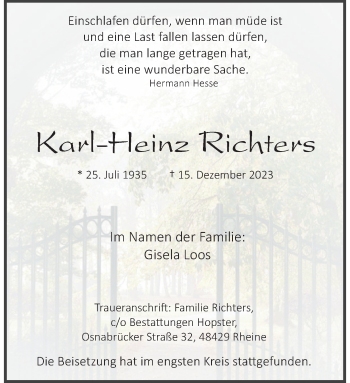 Anzeige von Karl-Heinz Richters 