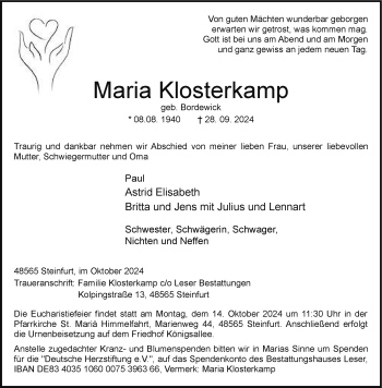 Anzeige von Maria Klosterkamp 