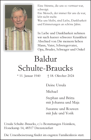 Anzeige von Baldur Schulte-Braucks 