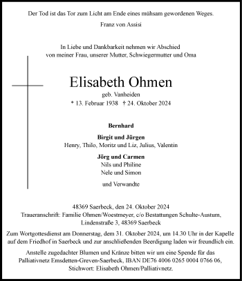 Anzeige von Elisabeth Ohmen 