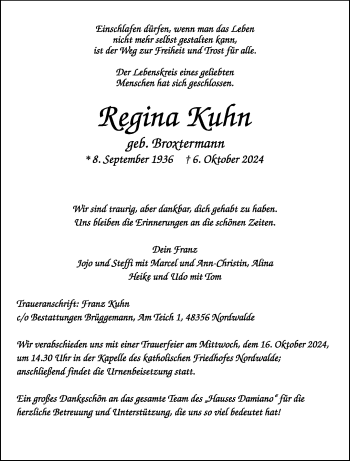 Anzeige von Regina Kuhn 