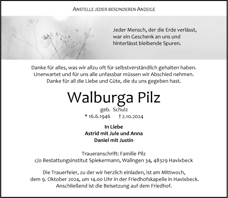  Traueranzeige für Walburga Pilz vom 05.10.2024 aus 