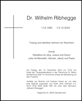 Anzeige von Dr. Wilhelm Ribhegge 