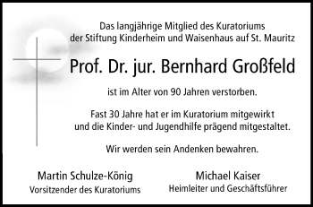 Anzeige von Prof. Dr. jur. Bernhard Großfeld 