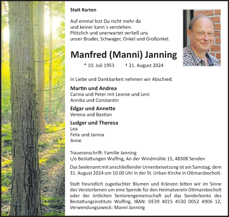  Traueranzeige für Manfred Janning vom 24.08.2024 aus 