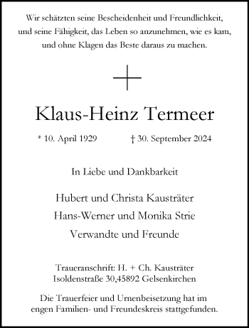 Anzeige von Klaus-Heinz Termeer 