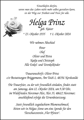 Anzeige von Helga Prinz 