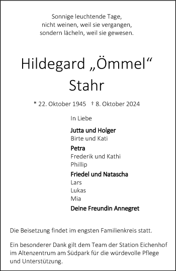 Anzeige von Hildegard Stahr 