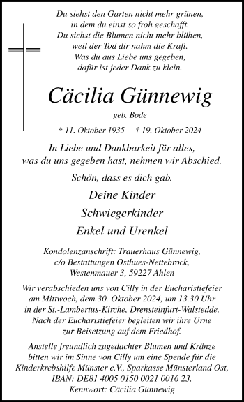 Anzeige von Cäcilia Günnewig 