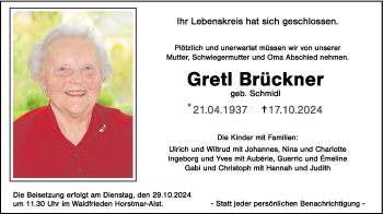 Anzeige von Gretl Brückner 