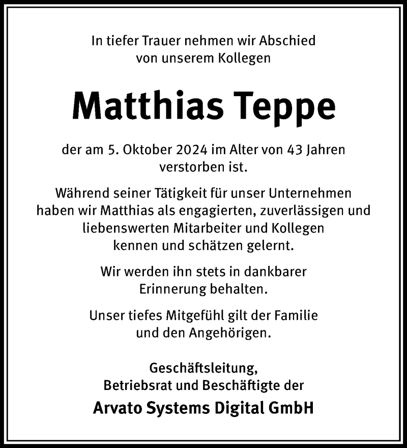  Traueranzeige für Matthias Teppe vom 12.10.2024 aus 