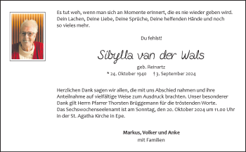 Anzeige von Sibylla van der Wals 