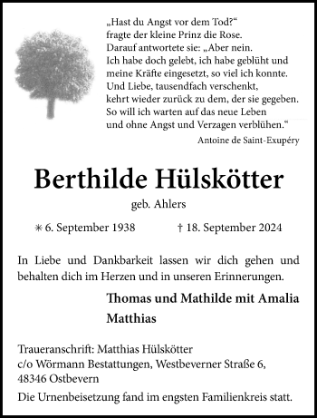 Anzeige von Berthilde Hülskötter 