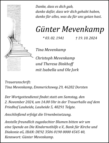 Anzeige von Günter Mevenkamp 