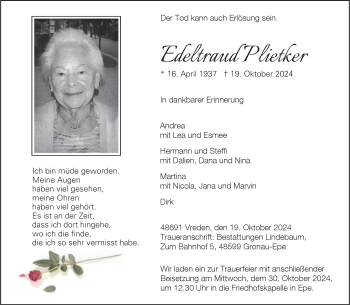 Anzeige von Edeltraud Plietker 