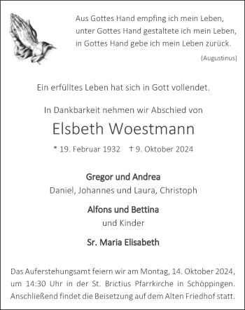 Anzeige von Elsbeth Woestmann 