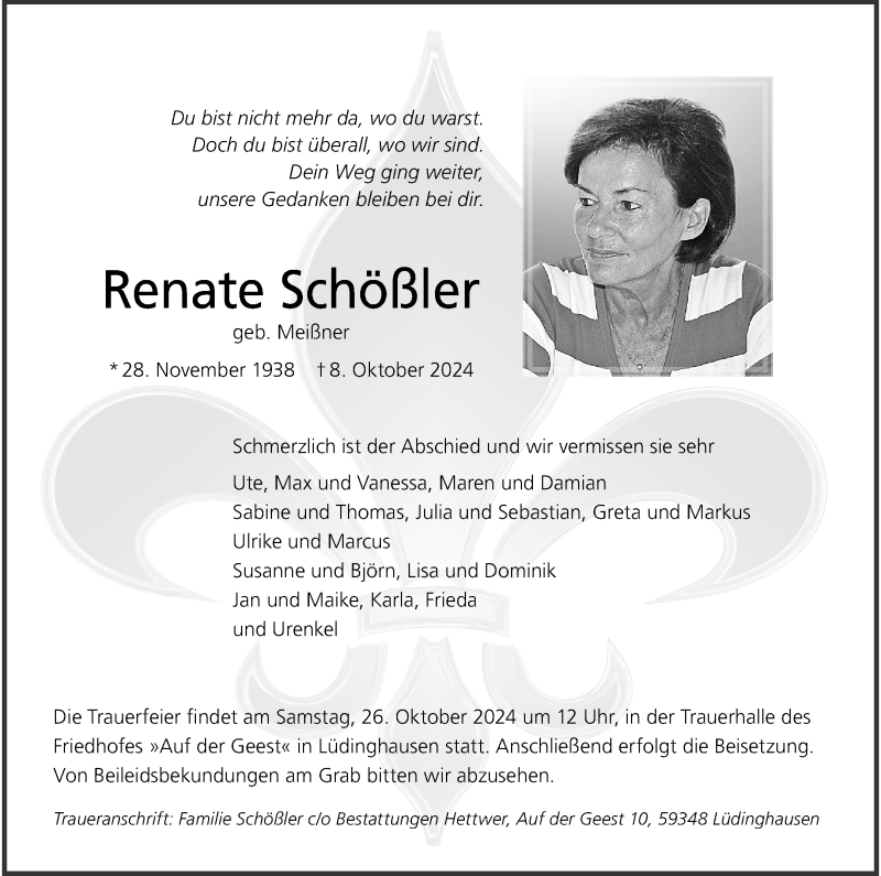  Traueranzeige für Renate Schößler vom 12.10.2024 aus 