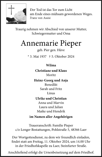 Anzeige von Annemarie Pieper 