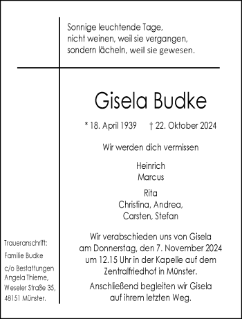 Anzeige von Gisela Budke 