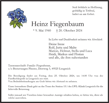 Anzeige von Heinz Fiegenbaum 