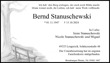 Anzeige von Bernd Stanuschewski 