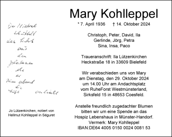 Anzeige von Mary Kohlleppel 