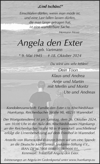 Anzeige von Angela den Exter 