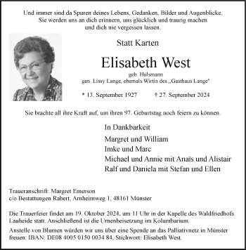 Anzeige von Elisabeth West 