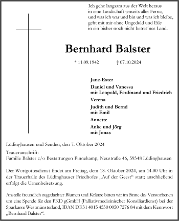 Anzeige von Bernhard Balster 