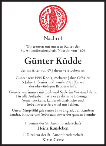 Anzeige von Günter Küdde 