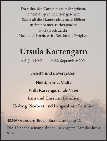 Anzeige von Ursula Karrengarn 