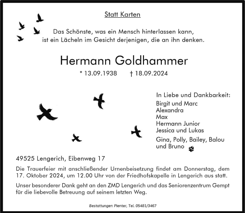  Traueranzeige für Hermann Goldhammer vom 12.10.2024 aus 