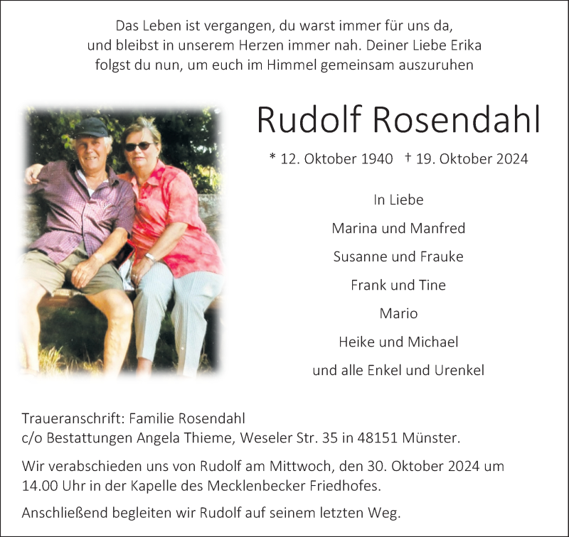  Traueranzeige für Rudolf Rosendahl vom 26.10.2024 aus 