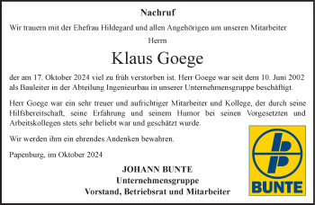 Anzeige von Klaus Goege 