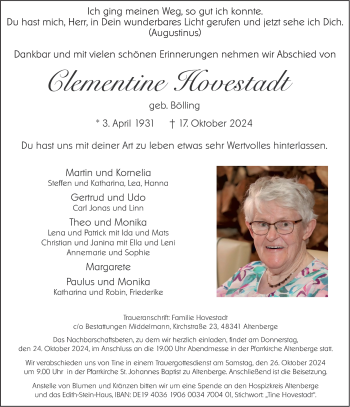 Anzeige von Clementine Hovestadt 