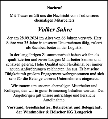 Anzeige von Volker Suhre 