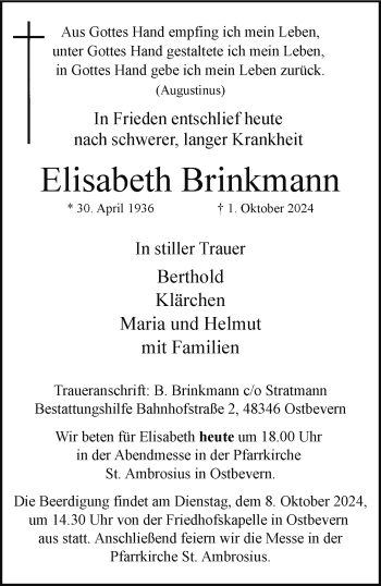 Anzeige von Elisabeth Brinkmann 