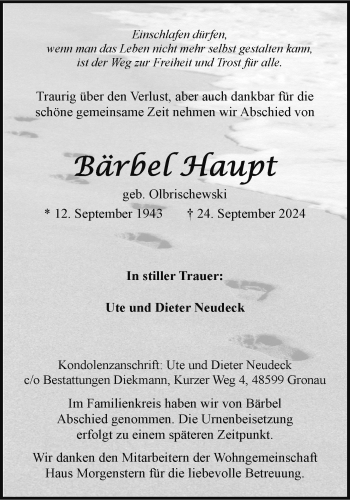 Anzeige von Bärbel Haupt 